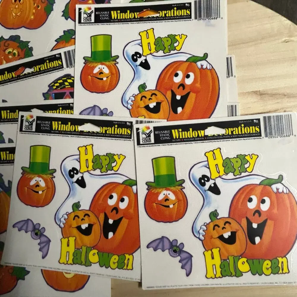 16 Color Clings Vtg Halloween Reusable Window Stickers Pumpkins Ghost Black Cat